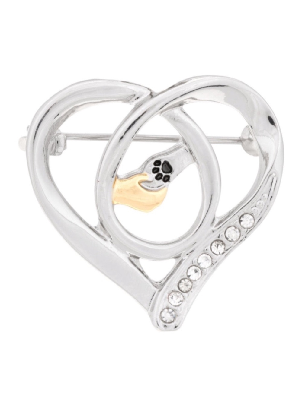Greater Good Network Paw in Hand Heart Silver & Gold Crystal Lined Brooch Pin